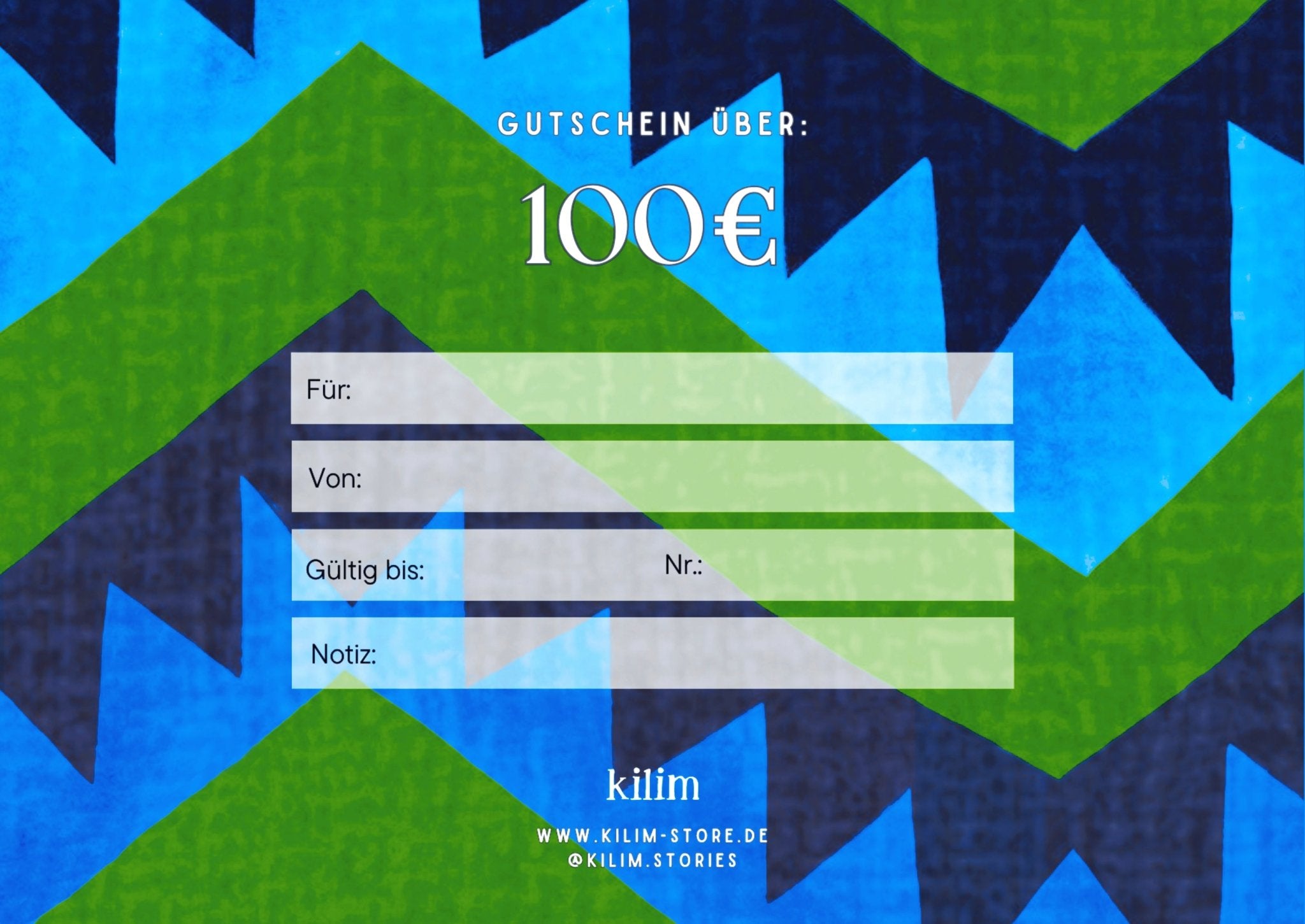 Geschenkgutschein grün (im Wert von 80 Euro und 100 Euro) - Kilim