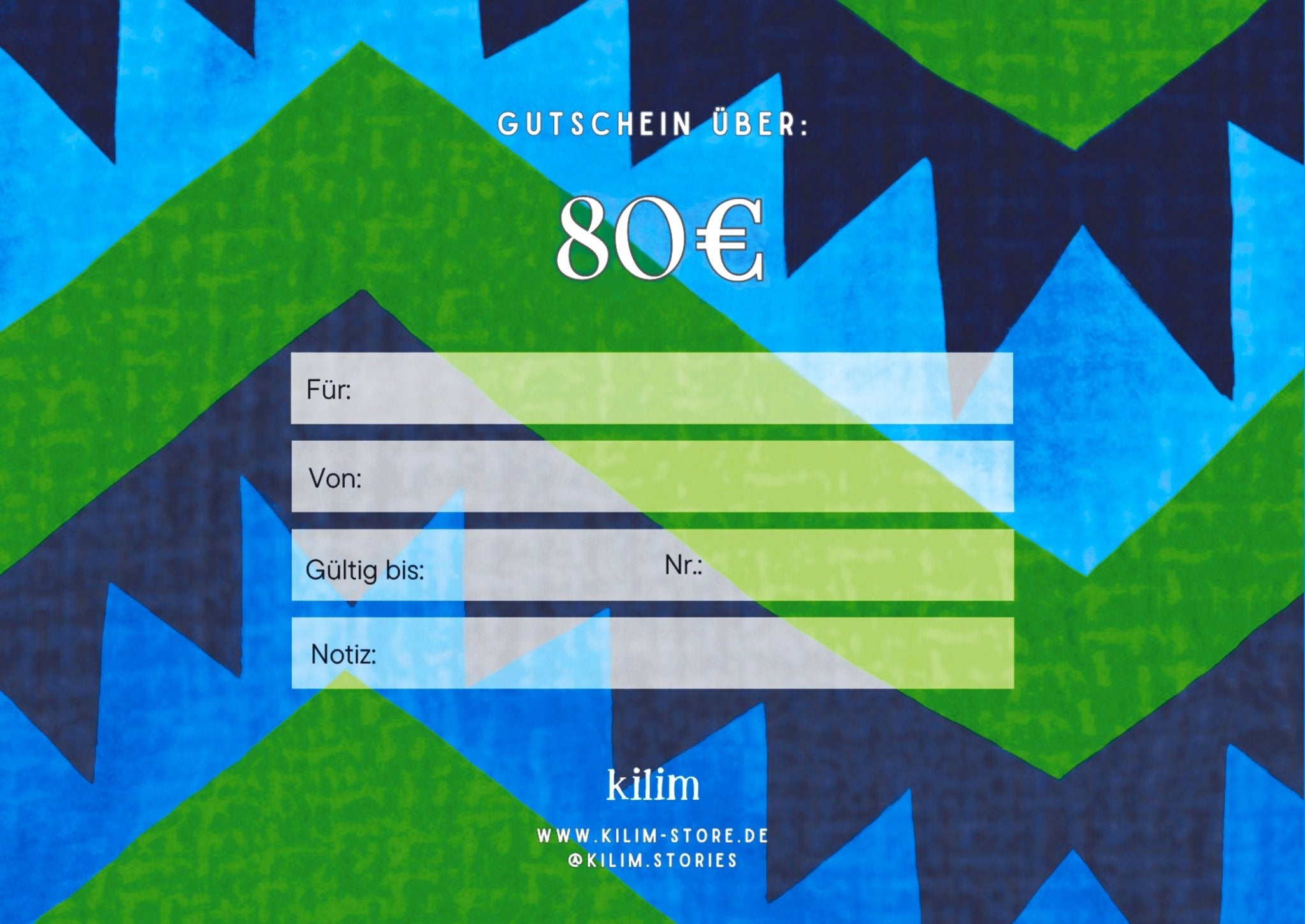 Geschenkgutschein grün (im Wert von 80 Euro und 100 Euro) - Kilim
